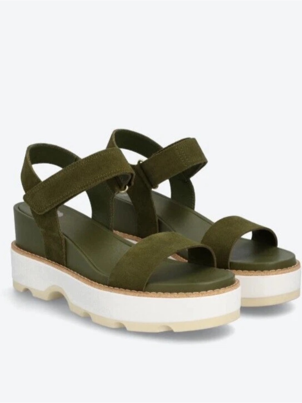 Sorel Utility Green Joanie IV Y-Strap Leather Ankle Strap Wedge Sandals Sz 9.5